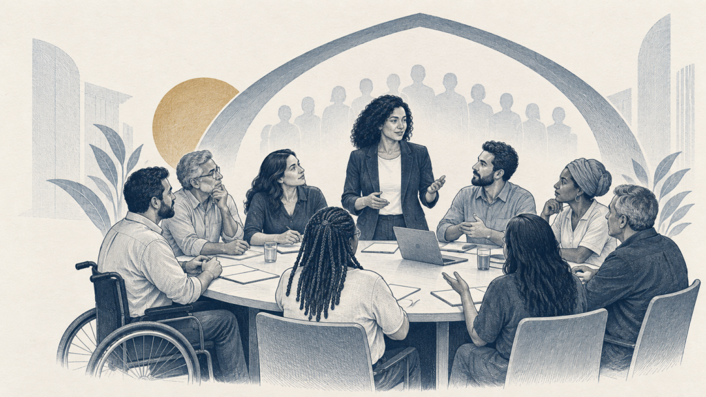 Ilustração editorial sobre participação coletiva, representação sindical e negociação.