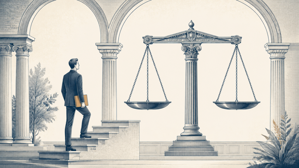 Ilustração editorial de um servidor público ao lado de uma balança arquitetônica equilibrada, uma escada ascendente e arcos protetores em tons de azul sobre fundo claro.