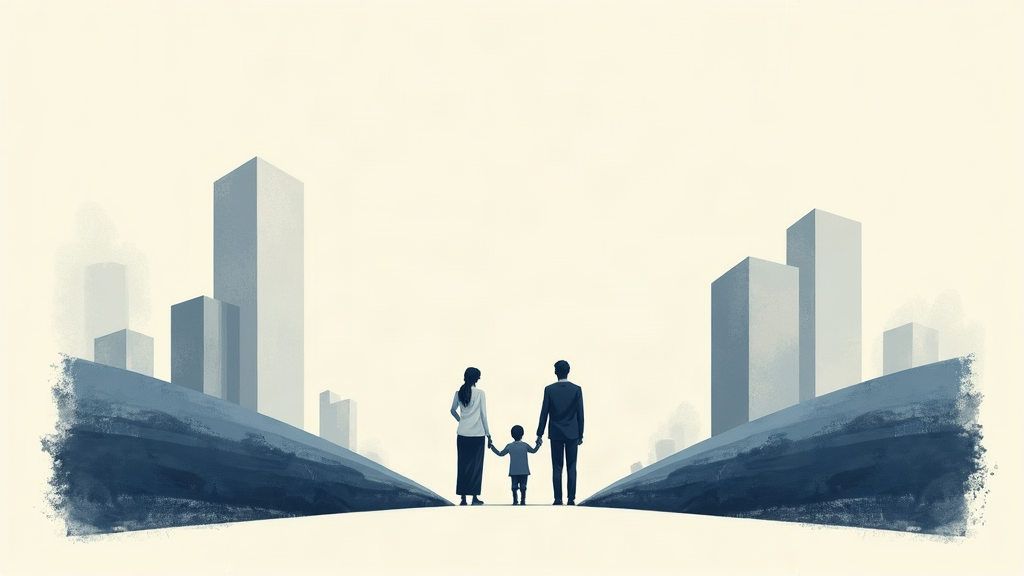 Ilustração editorial sobre a reorganização da vida familiar após o divórcio