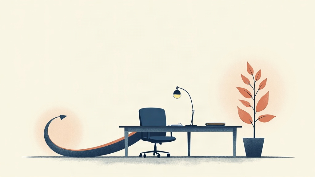Ilustração editorial em traços finos azul-marinho e azul-acinzentado, com mesa de trabalho, formas circulares abstratas e percurso além da jornada regular, sobre fundo claro.