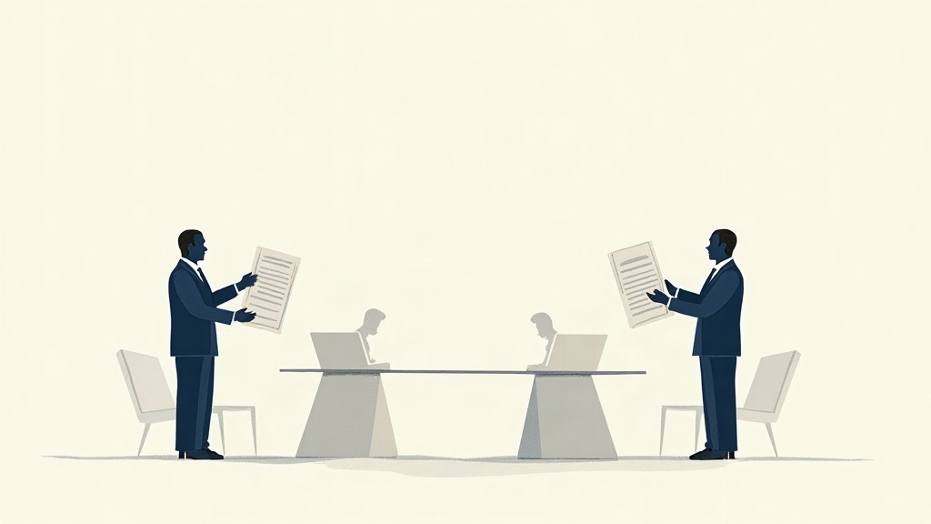 IlustraÃ§Ã£o editorial sobre negociaÃ§Ã£o coletiva entre trabalhadores, sindicatos e empresas