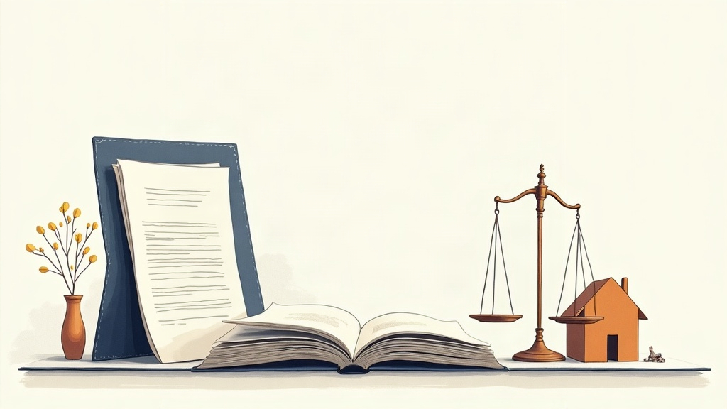 Ilustração editorial horizontal de documentos organizados ao lado de uma balança, uma casa e elementos abstratos de partilha, com composição sóbria, sem pessoas identificáveis, texto ou logotipo.