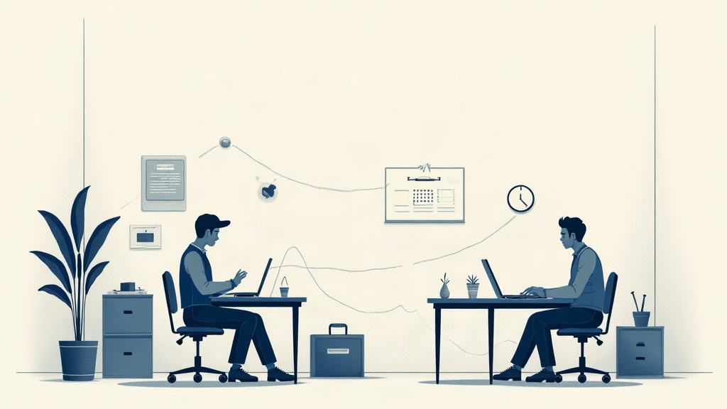 Ilustração editorial de documentos, mensagens e registros de jornada organizados ao redor de uma carteira de trabalho, em tons sóbrios de azul sobre fundo claro.