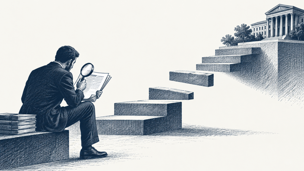 Ilustração editorial em gravura azul-marinho e azul-acinzentada sobre fundo off-white, com escadaria de degraus interrompidos sugerindo progressão funcional atrasada e figura humana consultando documentos, representando busca informativa por direitos do servidor público.