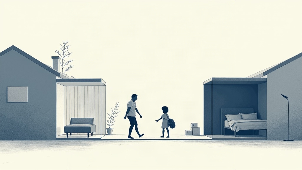 Ilustração editorial em azul-marinho e azul acinzentado sobre fundo off-white, com dois espaços domésticos distintos conectados por uma passagem arquitetônica equilibrada, uma mochila infantil e objetos cotidianos sugerindo duas residências e rotinas coordenadas, sem pessoas identificáveis.