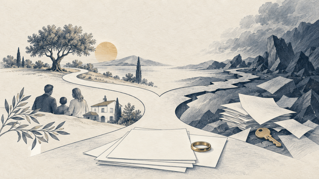 Ilustração editorial sóbria com duas vias que partem de uma mesma aliança e passam por documentos, uma casa e elementos que representam família e patrimônio, sem texto ou logotipo.